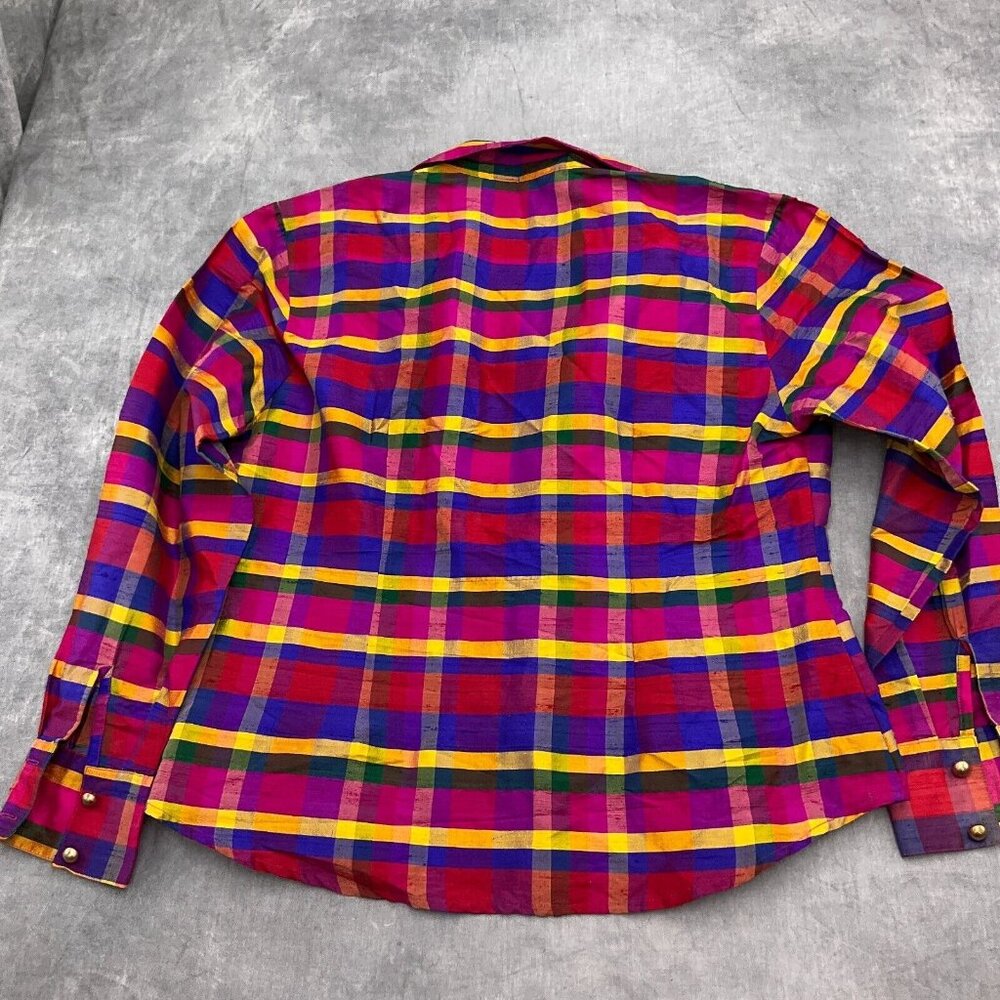 Ishyu Blouse Women‎ 14 Pink Blue Red Madras Plaid Gold Buttons Party Hong Kong - Picture 9 of 11